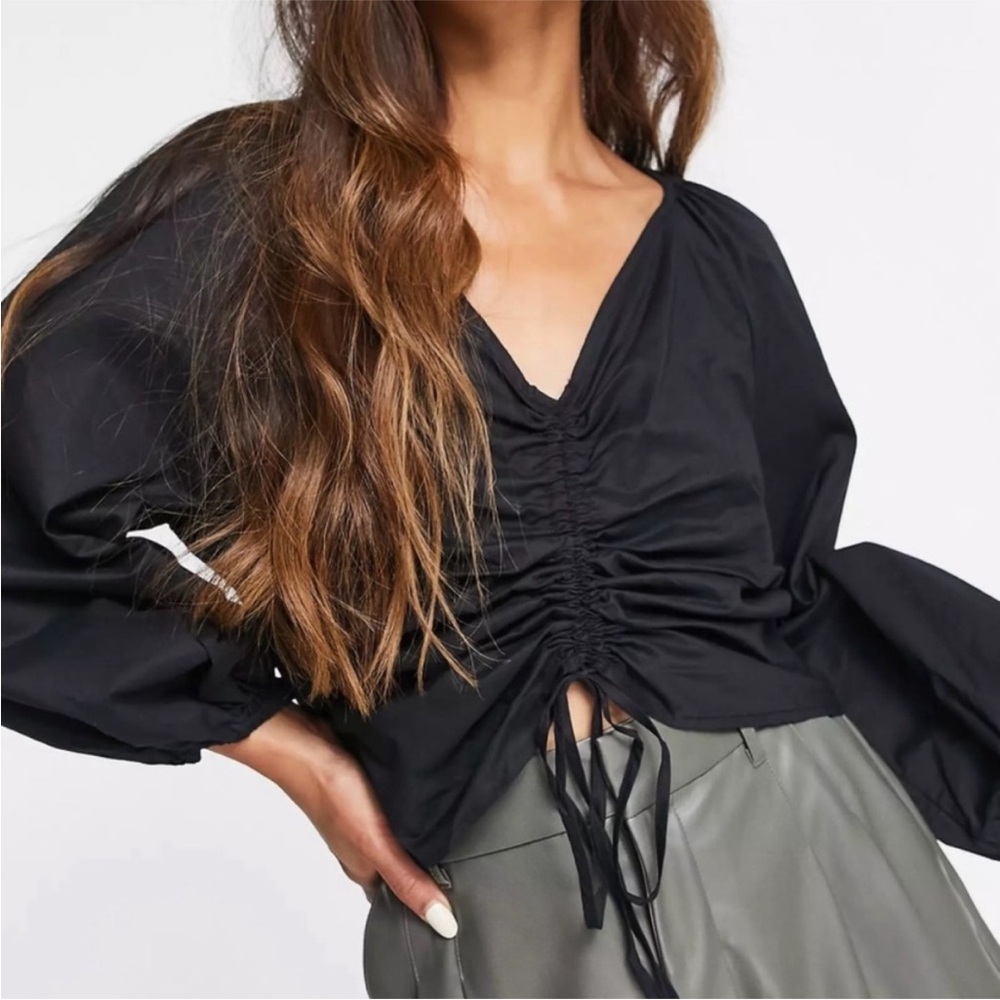 Mango Black Ruched Blouse NWT